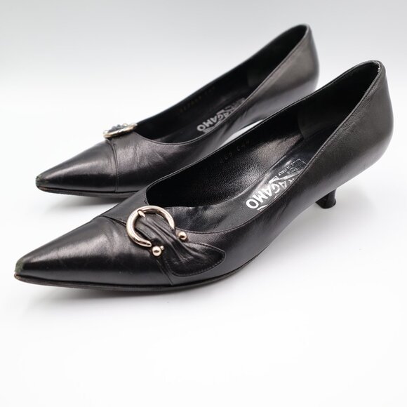 Salvatore Ferragamo Black Leather Kitten Heel Pumps Womens Size 6.5 Pointed Toe - Picture 1 of 16